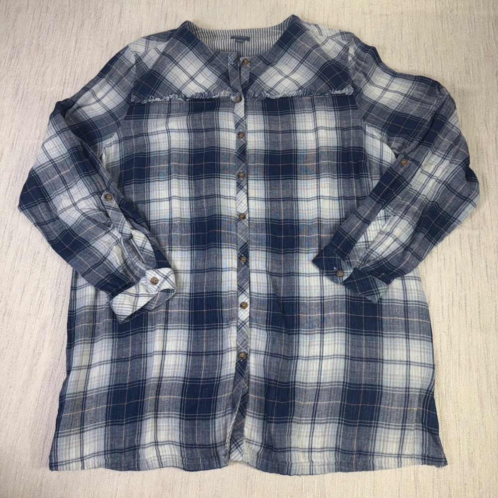 J. Jill Denim Womens XL Blue Plaid Cotton‎ Roll Tab Sleeve Tunic Blouse  Western